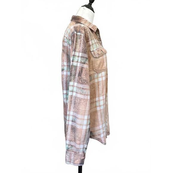 Upcycled Distressed Flannel Brown and Beige Plaid Button-Up Shirt Size Medium - Picture 5 of 8